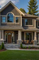 Luxury Modern Home Exterior: Gray Siding, Stone Accents, and Elegant Design