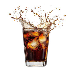 Refreshing soda with ice splashing in a glass on a white background