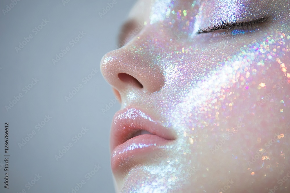Poster a face is illuminated by rainbow reflections from a lens, casting colorful patterns on the skin. the