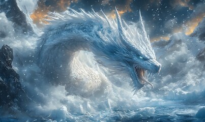 Obraz premium A colossal white dragon emerges from a snowy landscape surrounded by mountain peaks