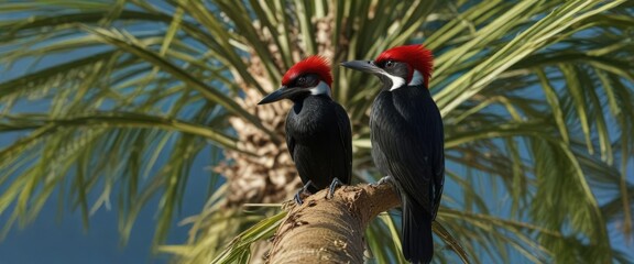 Overhead view of an Acorn woodpecker perched on the top of a palm tree, wildlife, acorn woodpecker