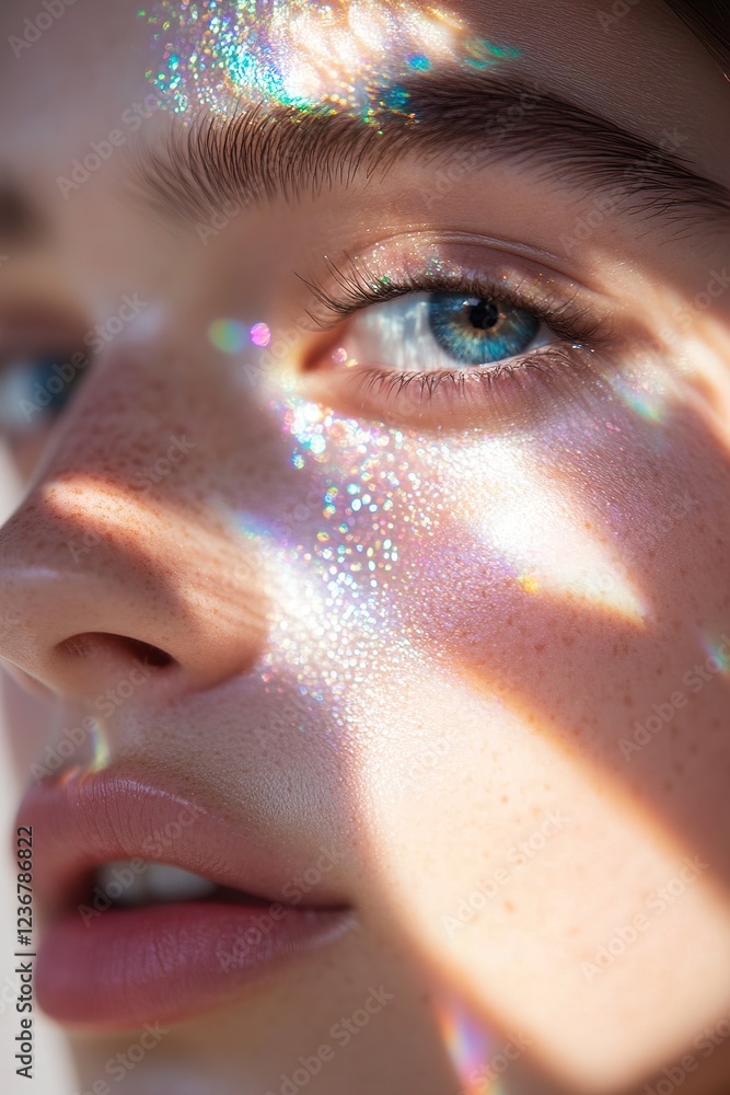 Poster a face is illuminated by prismatic reflections, creating colorful patterns on the skin. the play of 