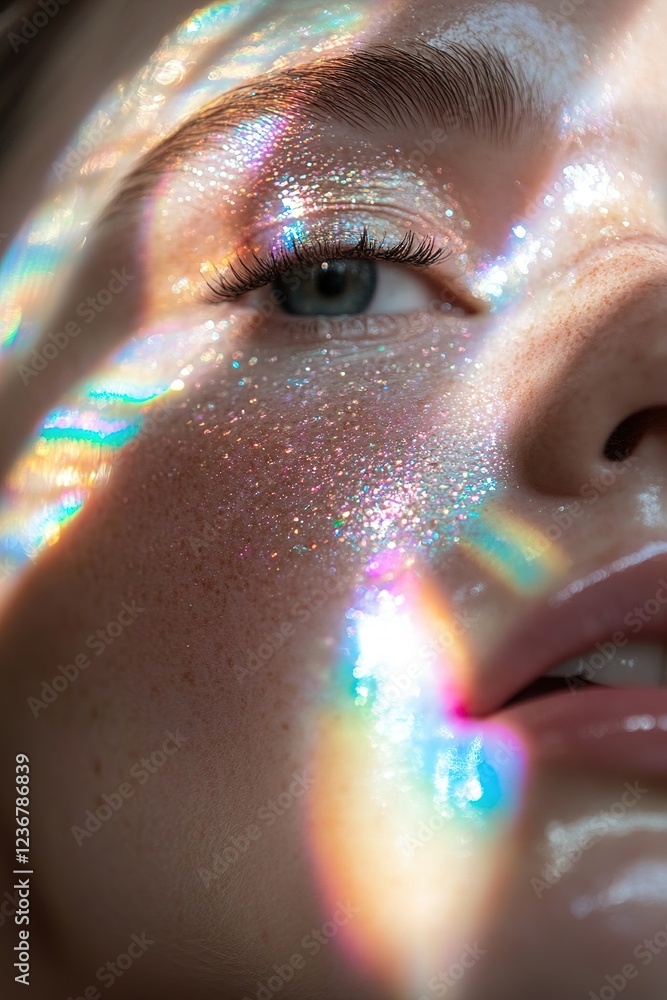 Poster a close-up of a face is highlighted by colorful prismatic reflections, casting vibrant patterns acro
