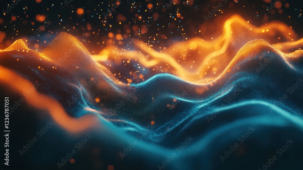Poster abstract waves of hot orange and cold blue flow with sparkling particles, suitable for technology pr