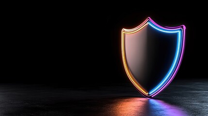 A glowing neon shield stands against a dark background, symbolizing protection and security.