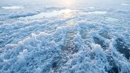 Mesmerizing frost patterns on frozen lake with refracted light