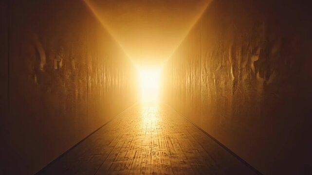 Pathway to a bright light emerging from a dark corridor creates a sense of hope and anticipation for the viewer