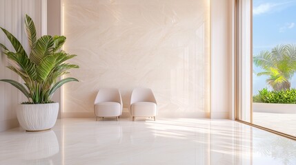 Modern Lobby Interior Design Sunlit Beige Marble and Tropical View