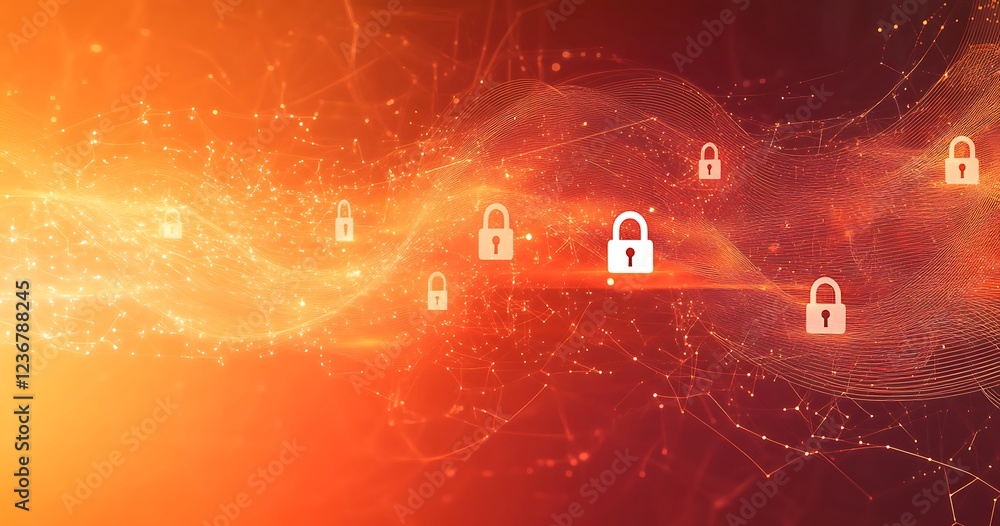 Poster abstract digital security network with glowing padlock icons.
