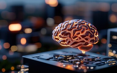 A glowing brain hovers above a circuit board, symbolizing the intersection of technology and neuroscience.