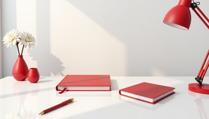 A red book sits on a table next to a vase with a white flower