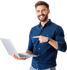 Smiling Man in Blue Shirt Holding Laptop and Pointing at It on Transparent Background, PNG format