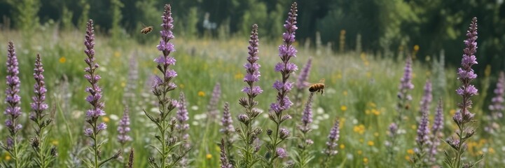 Obraz premium Hoary vervain flowers in full bloom with bees flying around them, pollinator, blooms