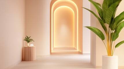 Warm lit hallway interior with arched doorways, light beige walls, a wooden side table with small plants, and a large potted tropical plant.