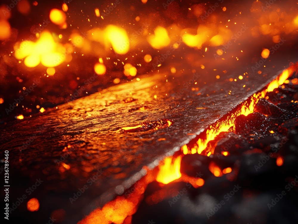 Poster close-up view of molten lava flowing over rocks creating a fiery glow in darkness