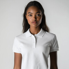 White Polo Shirt Mockup – Black Young Woman, Studio Shot, Front View