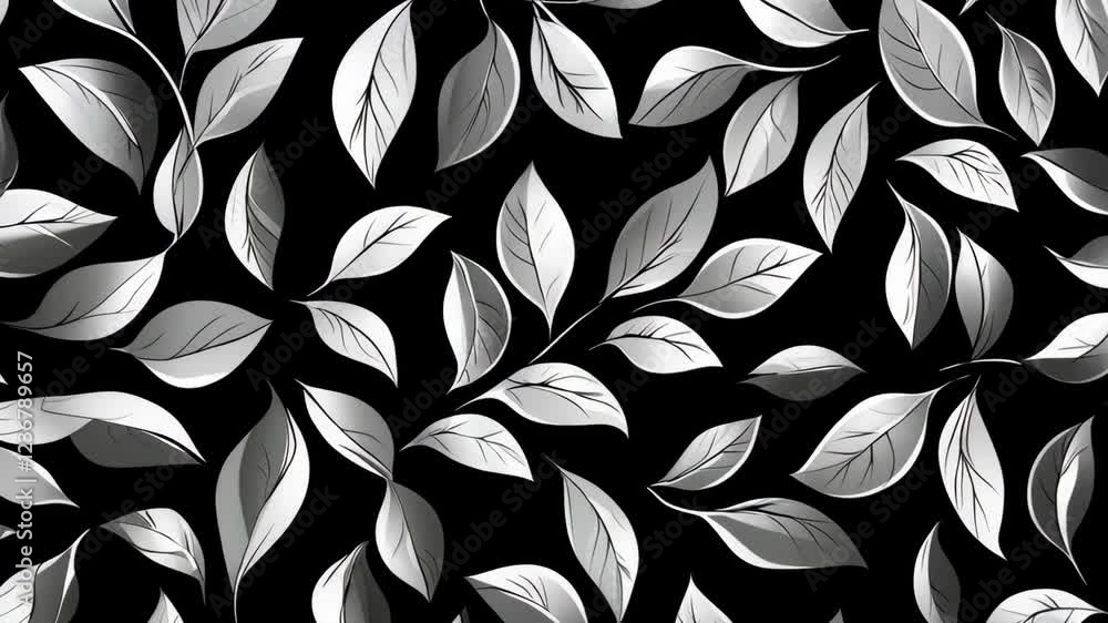Poster elegant animated silver leaves pattern twisting in seamless motion