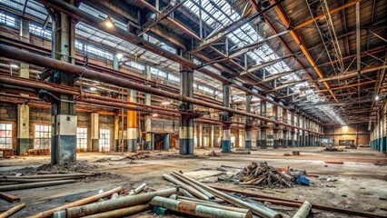 Fototapeta premium Industrial warehouse interior with exposed pipes, worn metal beams, and scattered debris in a state of neglect, pipes, hazardous, weathered, industrial, red