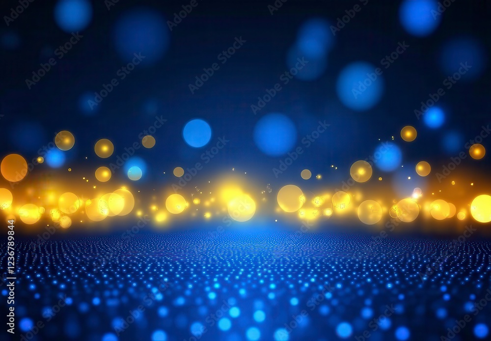 Poster abstract background with blue and gold bokeh lights and glitter texture. dark blue background with g