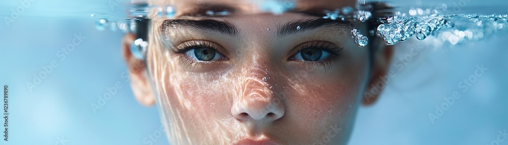 Poster close-up view of a woman's face partially submerged underwater, surrounded by soft ripples and spark