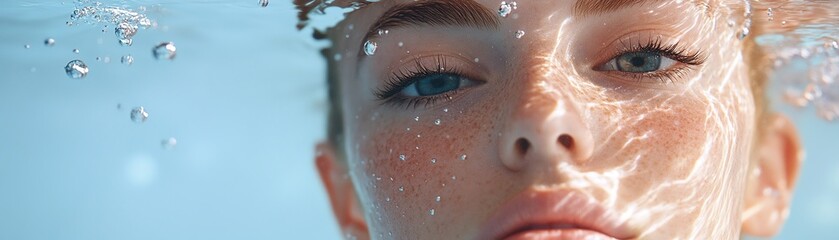 A woman's face appears partially submerged underwater. Soft ripples and light reflections create an ethereal and abstract effect, capturing a serene and tranquil moment
