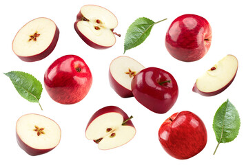 flying red apples with green leaves isolated on white background. clipping path
