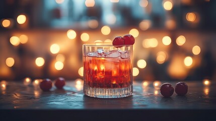 Festive cocktail with cherries on bar, blurred lights