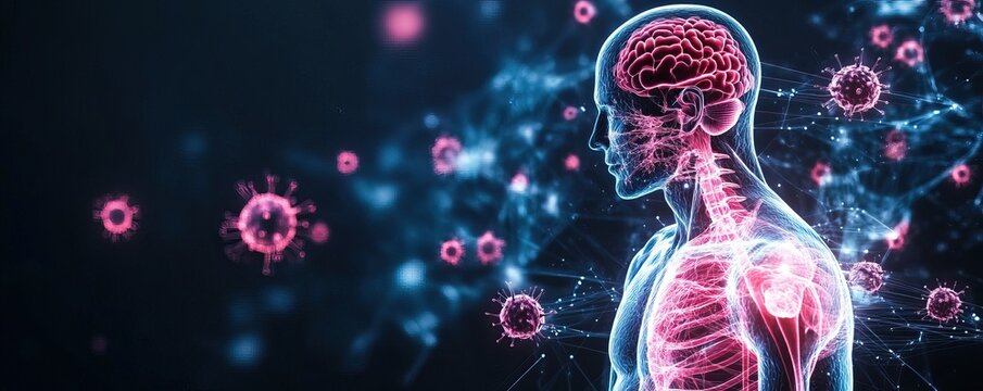 A digital illustration showing a human silhouette with glowing organs and surrounding virus particles, symbolizing health and the immune system.
