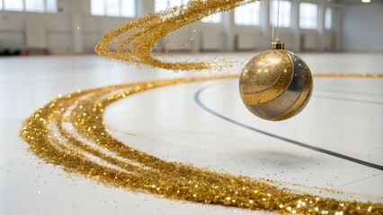 Obraz premium Iridescent gold glitter swirling around a metallic sphere in mid-air, sparkles, abstract