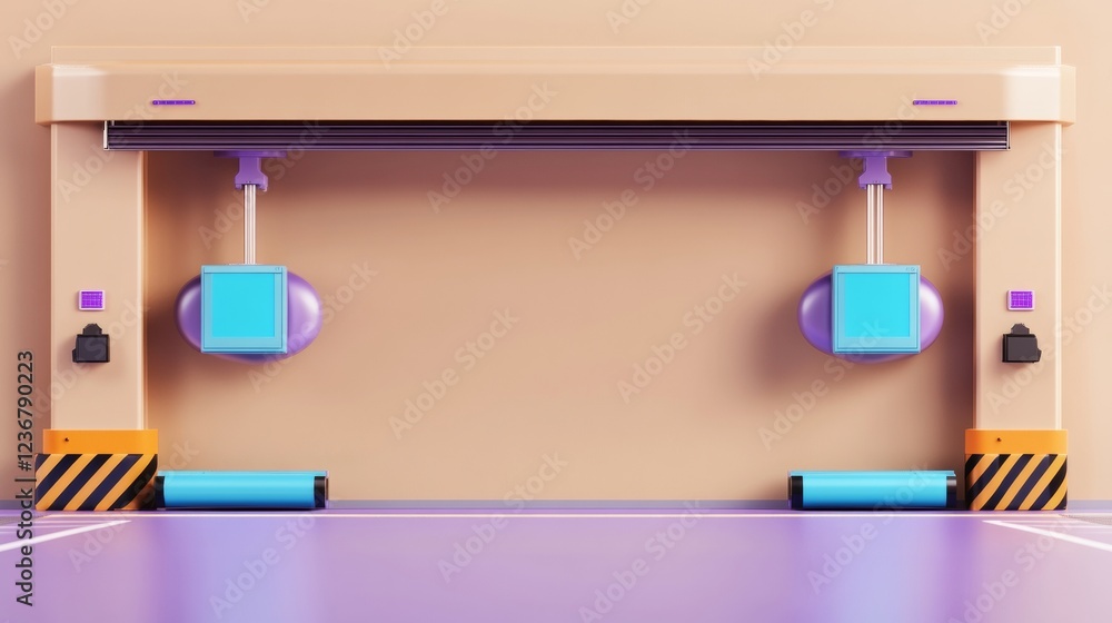 Poster abstract 3d rendering of a minimalist loading dock with pastel colors, featuring a beige wall, light