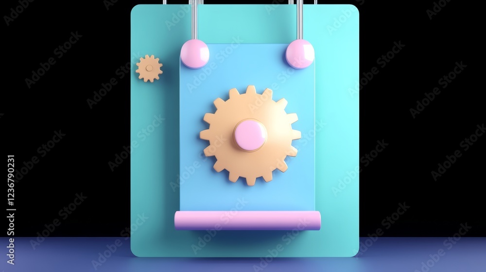 Aufkleber abstract 3d rendering of pastel colored gears and geometric shapes on a teal background. playful and