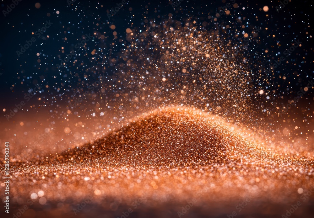 Poster abstract image of a pile of copper glitter against a dark background. the glitter is illuminated, cr