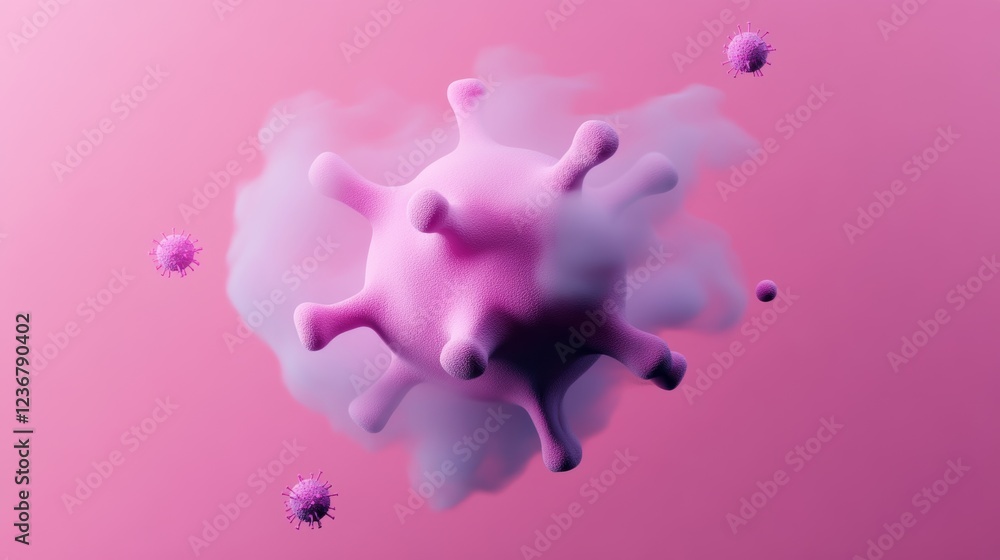 Poster pink virus particle surrounded by a white cloud against a pink background. additional smaller virus 