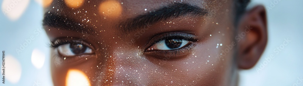Poster the subject's intense gaze draws in the viewer, surrounded by soft halos and bokeh effects that crea