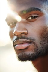 Obraz premium The subject presents a striking portrait with soft light halos enveloping him, capturing warmth and emotion against a blurred background at dusk, enhancing his sharp features