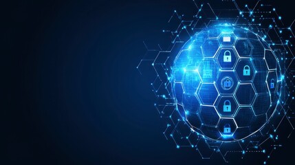 Obraz premium Abstract digital globe with glowing blue network connections and padlock icons on a dark background. Futuristic and technological concept