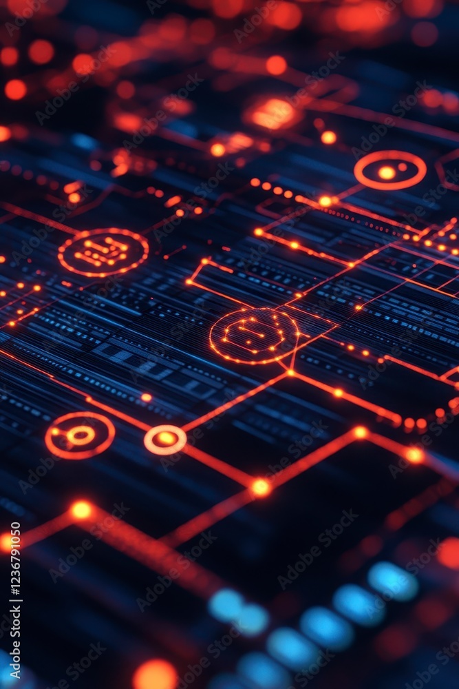 Poster abstract digital illustration of a network circuit board with glowing red and orange nodes and lines