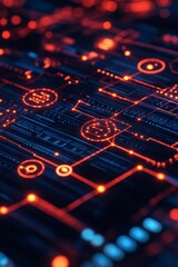 Abstract digital illustration of a network circuit board with glowing red and orange nodes and lines. The dark background enhances the vibrant light