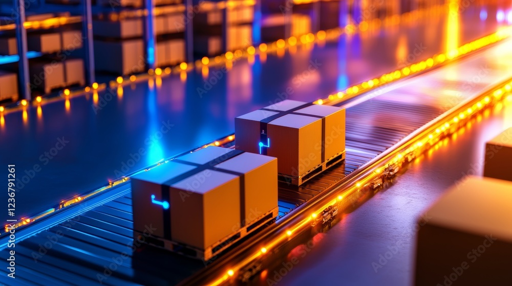 Poster automated warehouse conveyor system with illuminated boxes