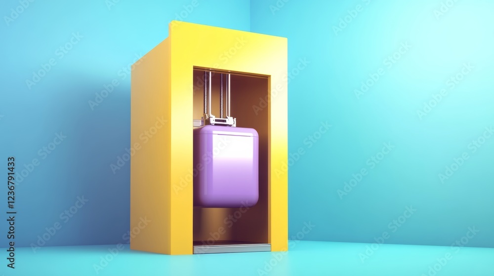 Poster purple cube suspended inside a yellow box against a light blue background. 3d render of geometric sh