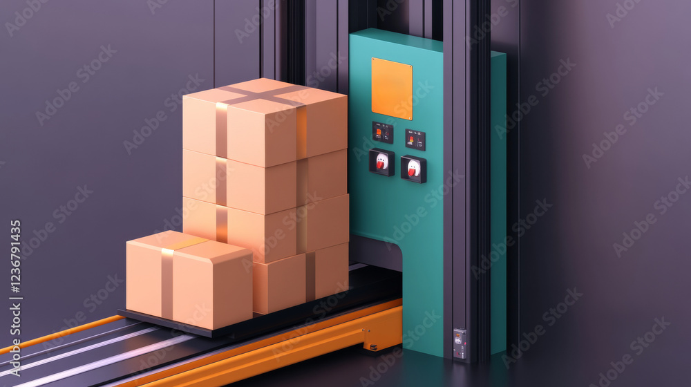 Poster low poly rendering of cardboard boxes on a conveyor belt entering a teal automated system. the scene