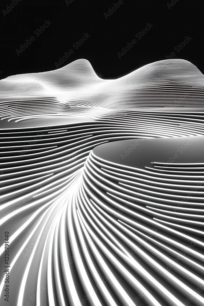 Poster abstract grayscale landscape with layered, flowing lines creating a three dimensional effect. the im