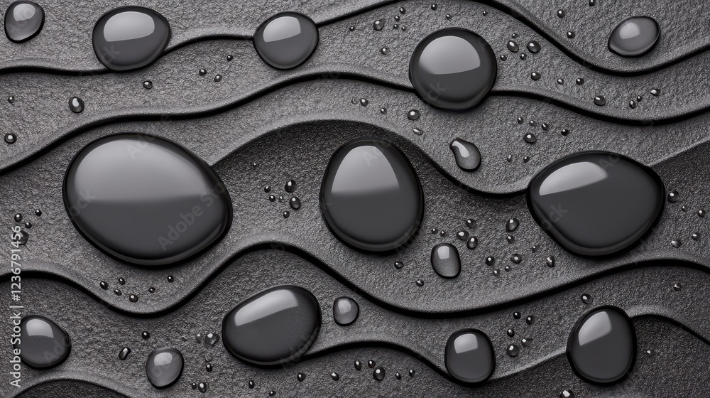 Poster abstract grayscale image featuring dark gray water droplets on a textured wavy surface. the droplets