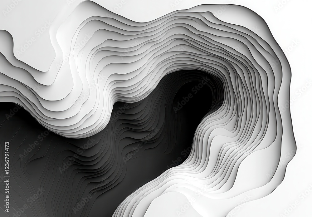 Poster abstract grayscale illustration of layered, undulating forms creating a three dimensional effect. th