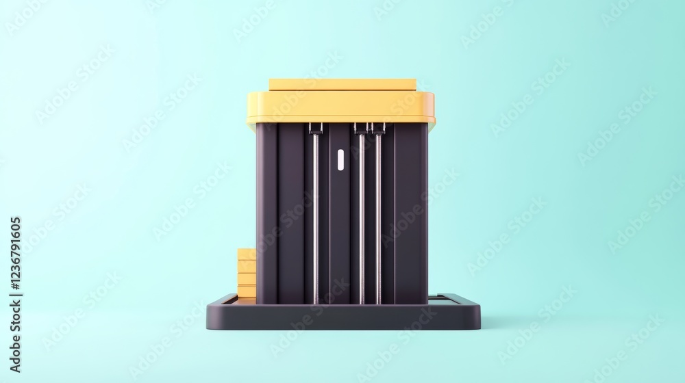 Poster 3d render of a minimalist elevator, dark gray and yellow, against a light teal background. clean lin