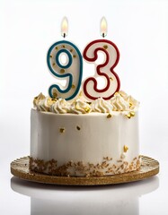 Decorated white cake for birthday or anniversary party, candle number 93, white background