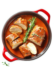 Pork tenderloin in sauce. Isolated on white background. 