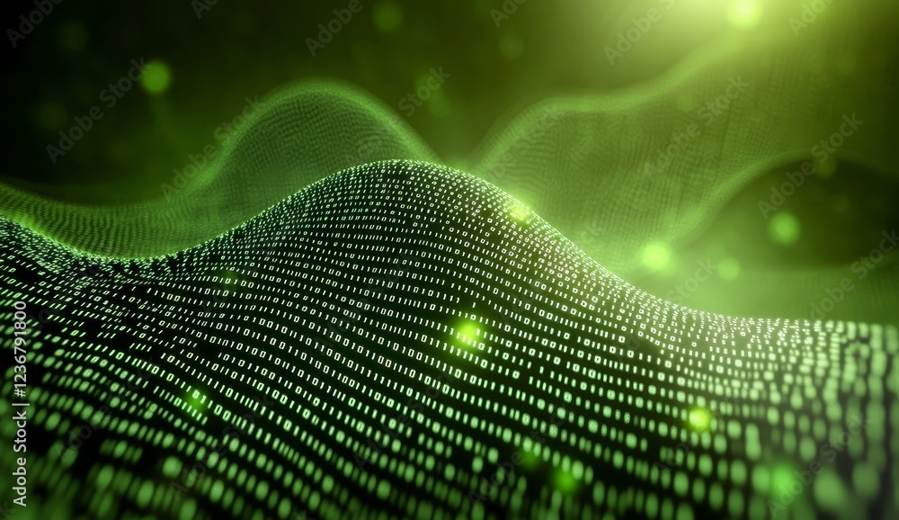 Poster abstract green digital landscape with glowing particles and soft lighting. the image features a wavy