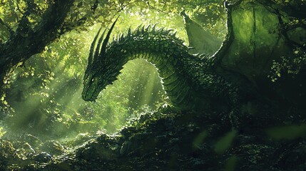 A magnificent green dragon adorned with scales resembling leaves is nestled in a lush forest environment. The dragon's long, serpentine body winds elegantly around the foliage, showcasing its intricat