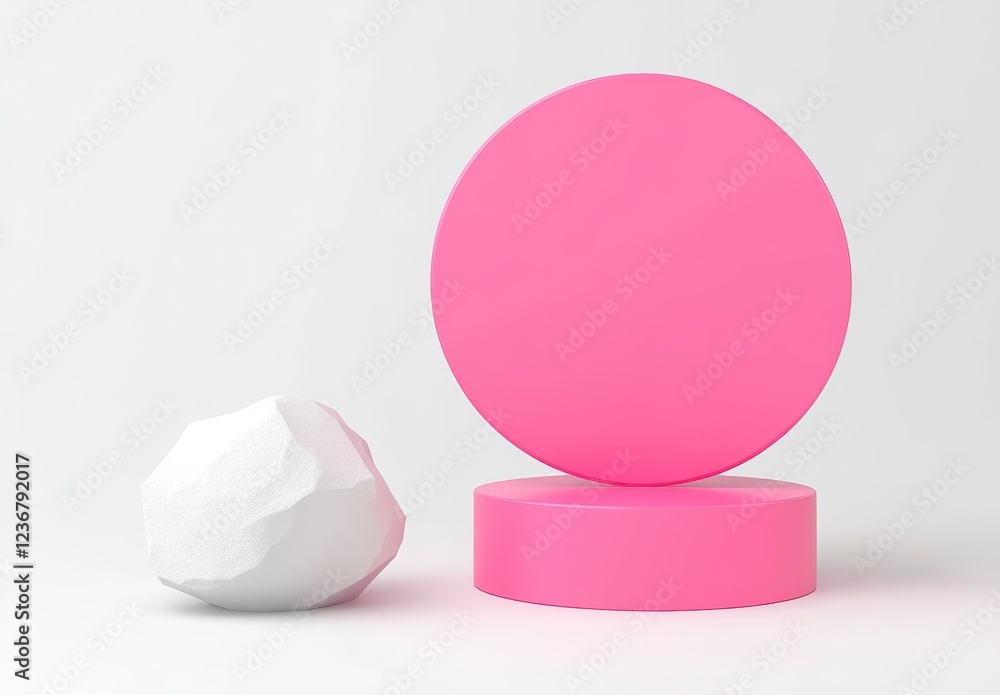 Poster abstract 3d rendering of a minimalist scene featuring a white textured rock and a pink cylindrical p